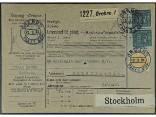 Sweden. Facit 165, 72 cover , 2+2x80 öre on address card for parcel sent from ÖREBRO …