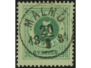 Sweden. Facit 30j used , 5 öre yellowish green. EXCELLENT cancellation MALMÖ 20.8.1884.