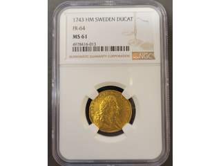 Sverige Fredrik I (1720-1751) 1 dukat 1743, 01, graderad av NGC som MS61