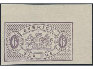 Sweden. Official Facit Tj4v1g ★, 6 öre deep lilac, imperf, with corner margin. EXCELLENT.