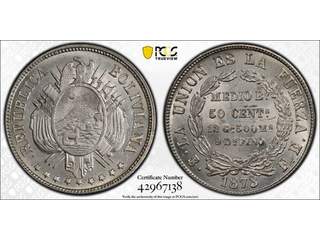 Bolivia 50 centavos 1873 PTS FE, UNC, PCGS MS64