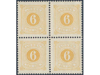 Sweden. Postage due Facit L14d ★★ , 6 öre yellow, perf 13 in block of four.