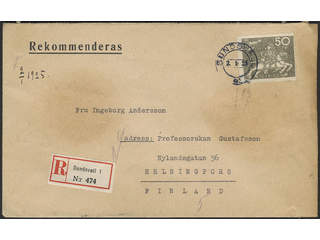 Sweden. Facit 220 cover , 50 öre on registered cover sent from SUNDSVALL 2.1.25 to …