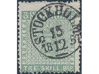 Sweden. Facit 1b used , 3 skill bluish green. Fine copy with superb cancellation …