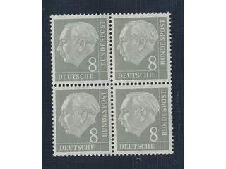 Germany GFR (BRD). Michel 182 ★★ , 1954 Theodor Heuss I 8 pf grey wmk 4Y2 in block of 4. …
