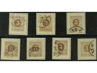 Sweden. Facit 28c used , 3 öre dark orange-brown. Seven used copies of this scarce …