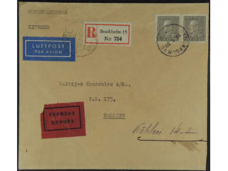 Sweden. Facit 192 on cover, 2x50 öre on registered special delivery air mail cover sent …