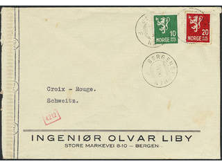 Norway. Facit 213, 216 cover , 10+20 øre on cover cancelled BERGENSBANEN 7.VII.44, sent …