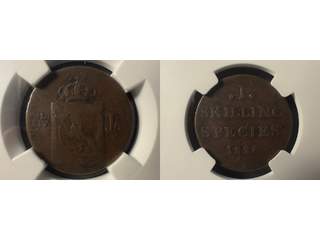 Norge Karl XIV Johan 1 skilling 1828, 1, NGC F12 mycket sallsynt