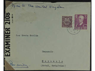 Sweden. Facit 346, 347A cover , 10+60 öre on censored air mail cover sent from UPPSALA …