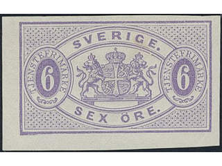 Sweden. Official Facit Tj4v1a (★), 6 öre reddish violet, imperf. Scarce. Signed …