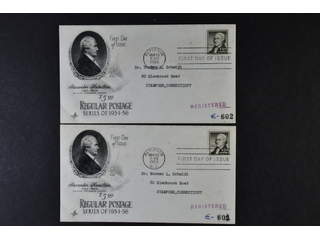 U.S.A. FDC, Michel 675, 1956-03-19. Famous Americans and buildings $5 black-olive, two …