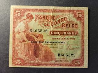 Belgian Congo 5 francs 10.6.42, VF