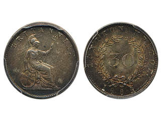 Coins, Ionian Islands. KM 35, 30 lepta 1862. Superb example with beautiful toning. …