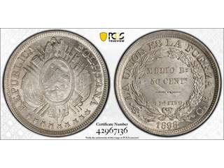 Bolivia 50 centavos 1898 PTS CB, XF-UNC, PCGS MS63+