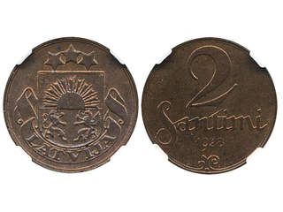 Coins, Latvia. KM 2, 2 santimi 1928. Graded by NGC as MS63 RB. XF-UNC.