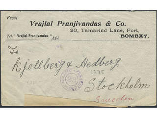 Sweden. Incoming stamped mail. India. Censored cover sent from Bombay to STOCKHOLM …