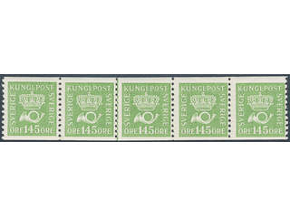 Sweden. Facit 174c ★★ , 145 öre yellow-green on white paper in very fine strip of five.