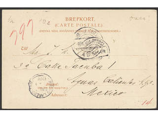 Sweden. Facit 54 cover , 10 öre on postcard sent from PKXP No 68B 21.12.1908 to Mexico. …
