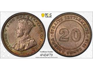 Malaysia George V (1910-1936) 20 cents 1919 Bombay, UNC, PCGS MS64 tonad