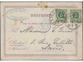 Sweden. Facit 30 on cover, 2×5 öre on early postcard sent from STOCKHOLM C 1.5.1879 to …