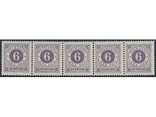 Sweden. Facit 44a ★★, 6 öre bluish lilac. Very fine strip of five. SEK 3500