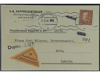 Sweden. Facit 186c cover , 30 öre brown, white paper on cash on delivery card sent from …