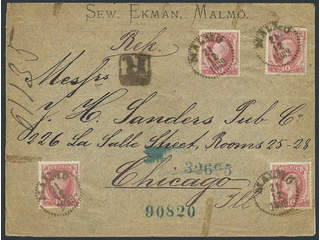 Sweden. Facit 45 cover , 4×10 öre on registered cover sent from MALMÖ 21.12.1889 to USA. …