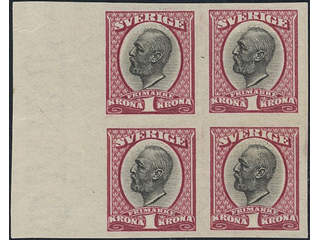 Sweden. Facit 60P (★), Proof type P, carmine-rose/grey-black in BLOCK OF FOUR with sheet …