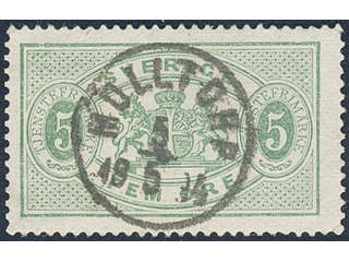 Sweden. Official Facit Tj14 used , 5 öre green perf 13. EXCELLENT cancellation MÖLLTORP …
