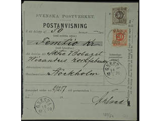 Sweden. Facit 46, 47 cover , 20+30 öre on beuatiful money order sent from FLEN 13.1.1890 …