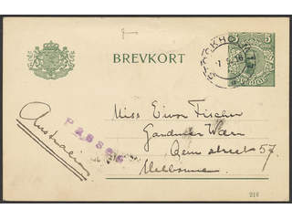 Sweden. Postal stationery, Single postcard, Facit bKe17, Postcard with date figure 216 …