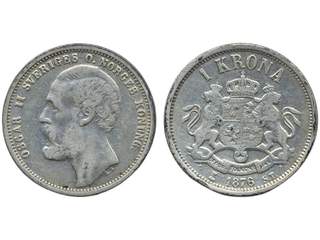 Coins, Sweden. Oskar II, MIS 2b, 1 krona 1876. Lightly cleaned. 1/1+.