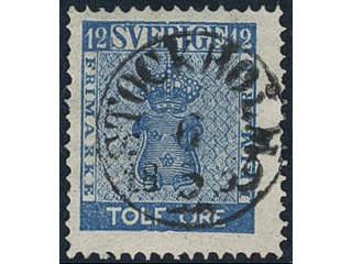 Sweden. Facit 9c1 used, 12 öre blue. EXCELLENT cancellation STOCKHOLM 6.5.1859.