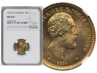 Coins, Sweden. Oskar II, MIS I.2b, 10 kronor 1874. Graded MS64+ by NGC. SG29. 01/0.