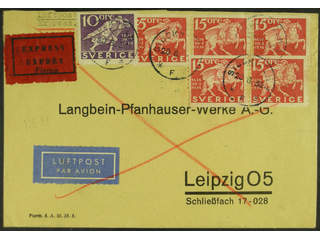 Sweden. Facit 248A, 247A cover , 10+5x15 öre on special delivery air mail cover sent …