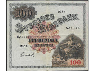 Banknotes, Sweden. SF U8:17, 100 kronor 1934. U,41110s. Problem free example of a better …