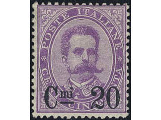 Italy. Michel 57 (★), 1890 Overprint on King Umberto I 20 c / 50 c violet. EUR 400 if ★