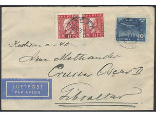 Sweden. Air mail cover Facit 177Cc, 231 , 10+2×15 öre (short corner perf.) on air mail …