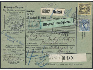 Sweden. Facit 77, 85 cover , 20 öre + 1 kr on address card for parcel sent from MALMÖ 1 …