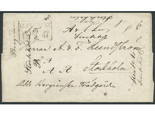 Sweden. P county. ULRICEHAMN 19.3.1847, rectangular postmark. Type 1 on letter sent to …