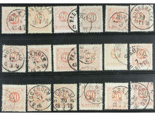 Sweden. Facit 22 used , 20 öre orange, eighteen used copies. Shades, varieties, …