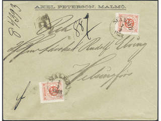 Sweden. Facit 46a cover , 20 öre dull orange-red in two copies on registered letter of …