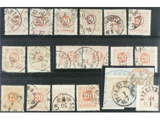 Sweden. Facit 22 used , 20 öre orange, eighteen used copies. Shades, varieties, …