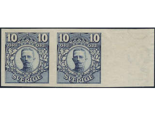 Sweden. Facit 76P (★), 10 öre blue on white paper with wm crown, in pair with sheet …