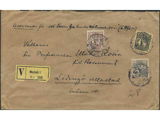 Sweden. Facit 77, 88, 91 cover , 30+50 öre + 1 kr on insured cover sent from MALMÖ …