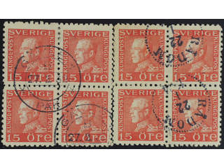 Sweden. Facit 177Ca used , 15 öre red, type II perf on 4 sides. Two blocks of four …