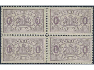 Sweden. Official Facit Tj4f ★, 6 öre lilac, perf 14, yellowish paper. Block of four. …