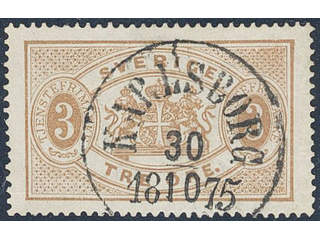 Sweden. Official Facit Tj1 used , 3 öre brown, perf 14. EXCELLENT cancellation KARLSBORG …