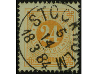 Sweden. Facit 34 used , 24 öre yellow. EXCELLENT cancellation STOCKHOLM 5 14.3.1884.